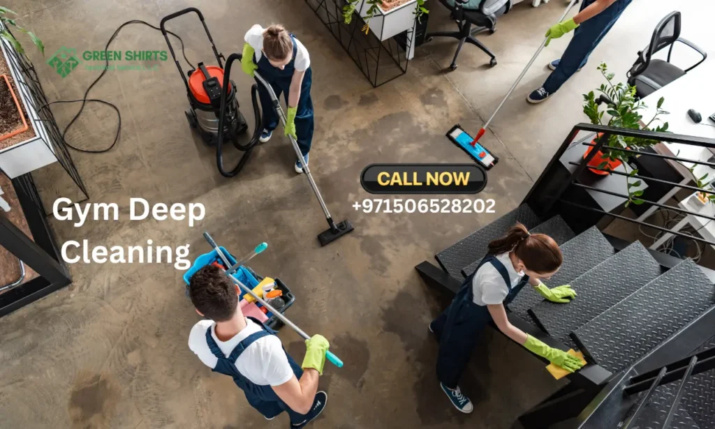 3 workers cleaning gym equipments and floor