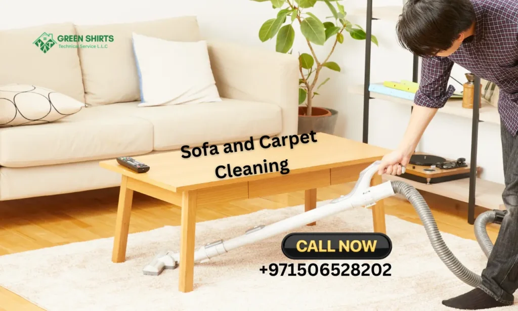 Green shirt worker cleaning white carpet under the table